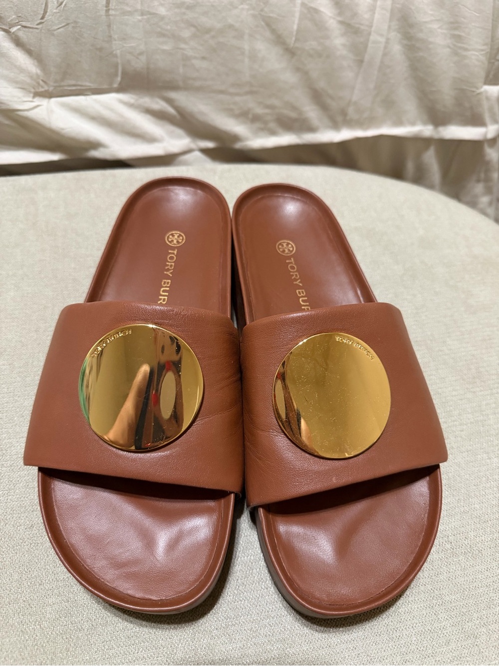 Tory Burch Chestnut Leather Slide Mules with Gold Disc